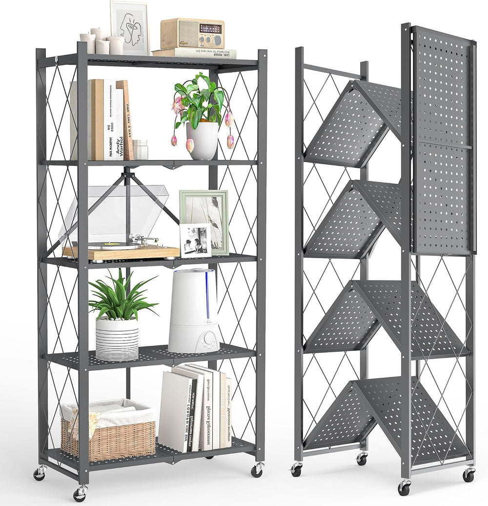 Fenbeli 5-Tier Folding Metal Storage Shelves with Wheels, 750 lb Capacity