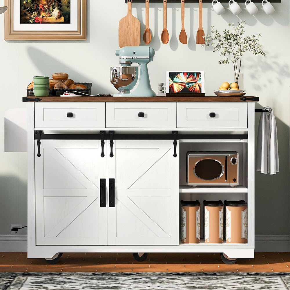 53.7" Farmhouse Kitchen Island with Sliding Barn Doors, White
