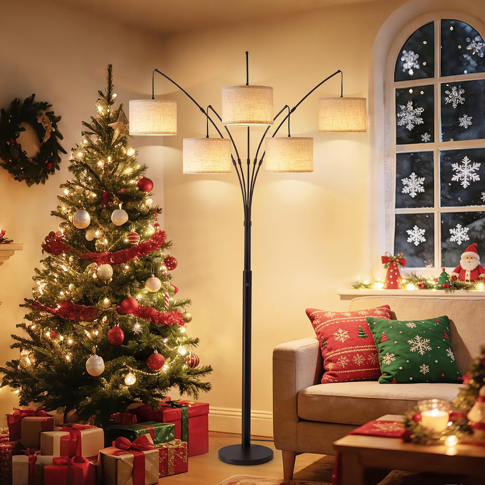 Bright Floor Lamp, Remote Control, Beige Shade Black Pole