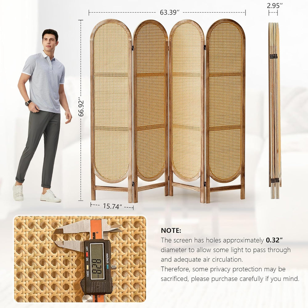 4 Panel Rattan Room Divider, Folding Room Divider Screen, Natural