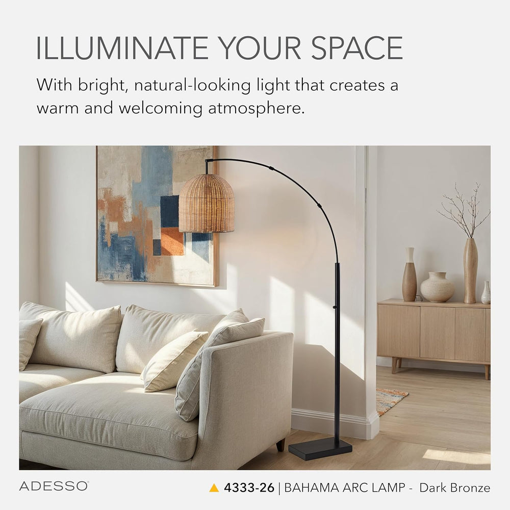 Adesso Floor Lamp, Bronze & Natural Rattan, Coastal Design, 80”