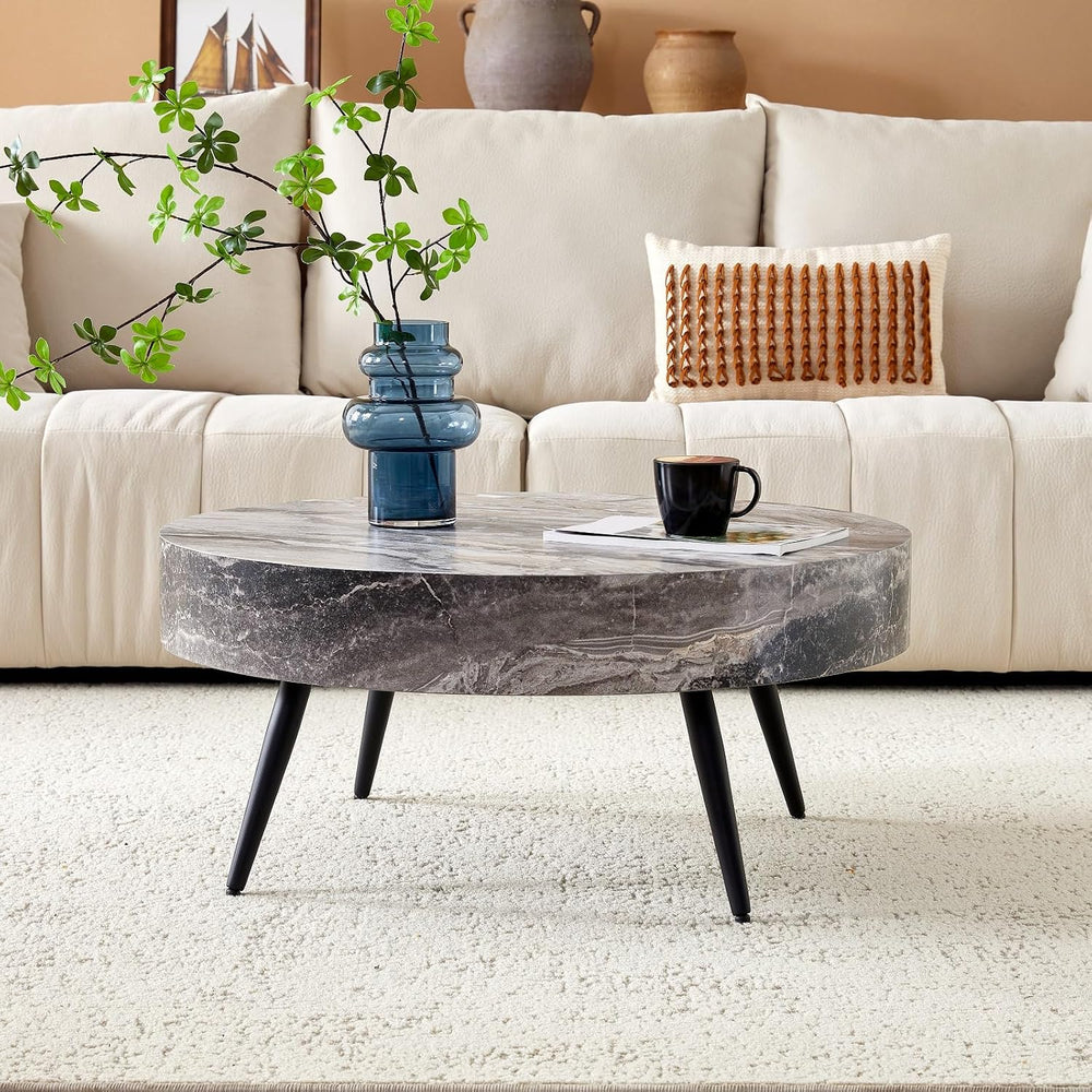 Round Coffee Table, Small Wood Marble Coffee Table with Metal Legs, Modern Mi...