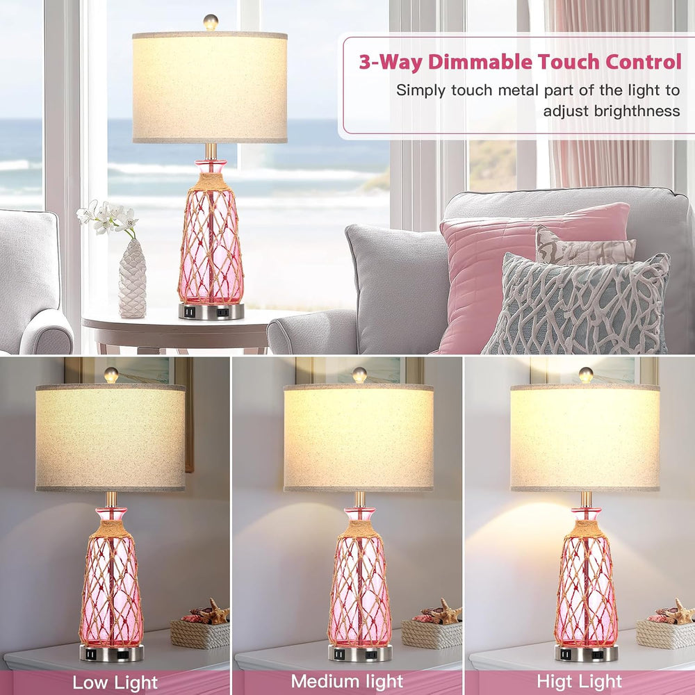 Ruzectt 25.5" Coastal Glass Table Lamps Set of 2, 3-Way Dimmable Touch C...