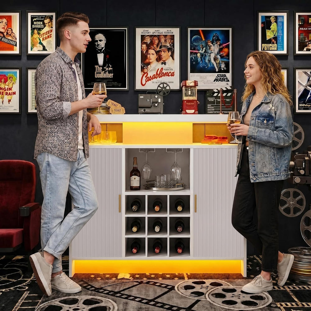 DreamDashio White Wine Cabinet, Fluted Coffee Bar with LED & Outlets
