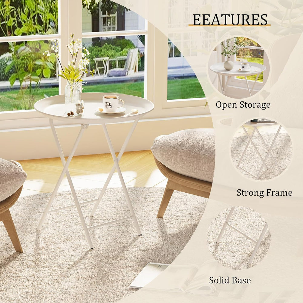 Garden 4 you Folding TV Tray Table, Metal Round Side Table, White Dinner Tabl...