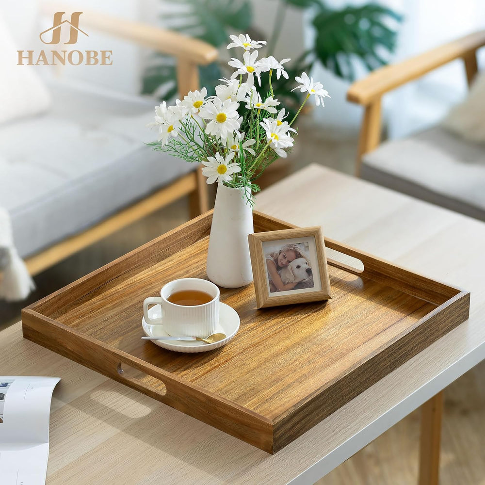 Hanobe 20" Large Acacia Wood Ottoman Tray with Handle for Coffee Table