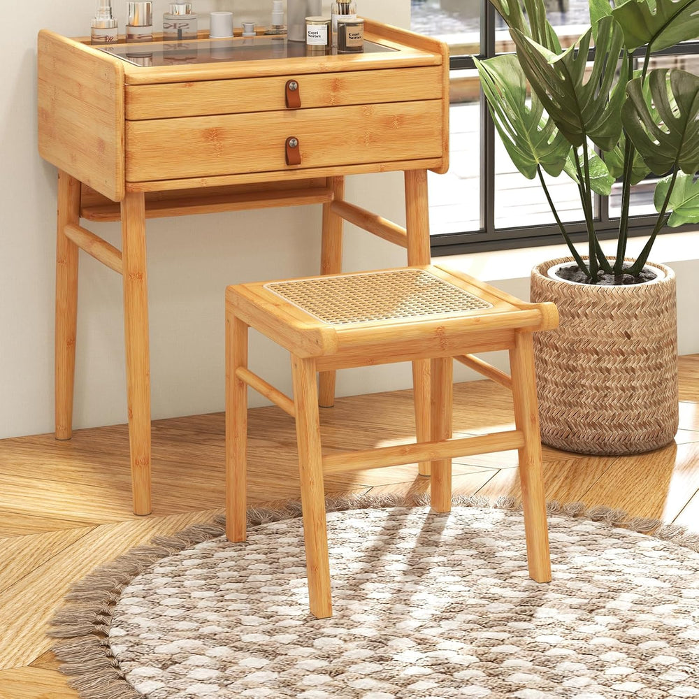 CHARMAID Vanity Stool, Bamboo Ottoman Foot Rest with Rattan Seat, Anti-Slip F...
