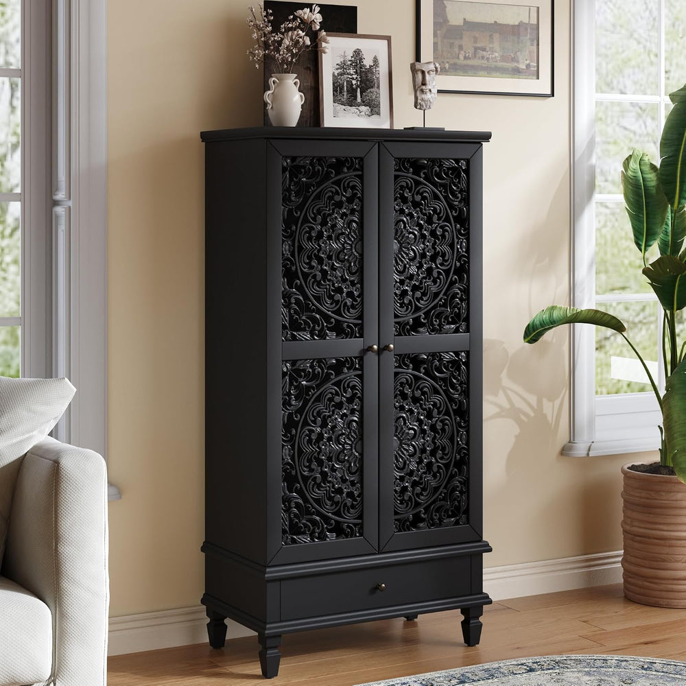 Accent Cabinet with Doors and Storage for Living Room, 55" Tall Hollow-C...