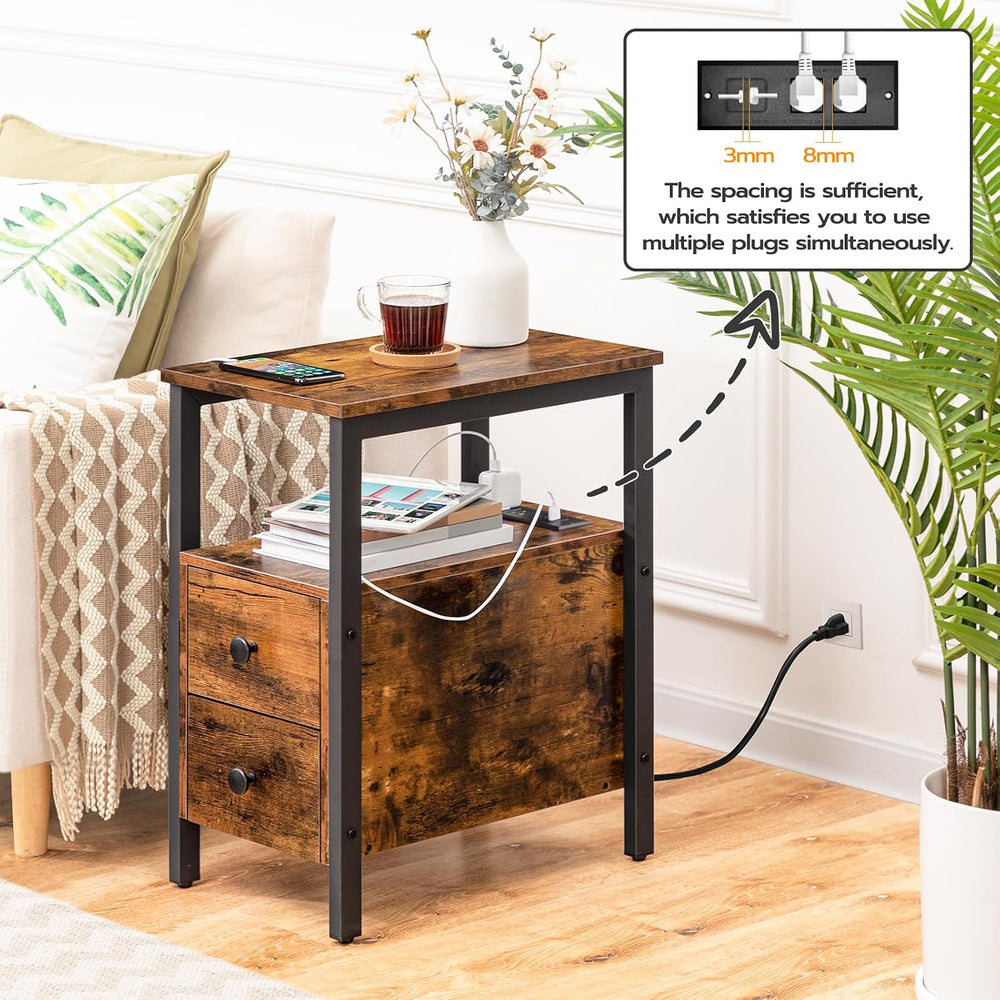 HOOBRO Set of 2 End Tables with Charging Station, Narrow Side Table with Draw...