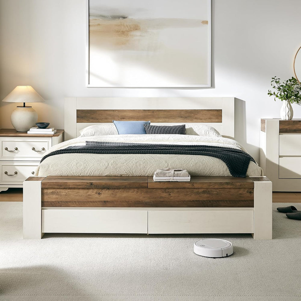 OKD King Bed Frame with Headboard and Footboard Storage Bench,Antique White
