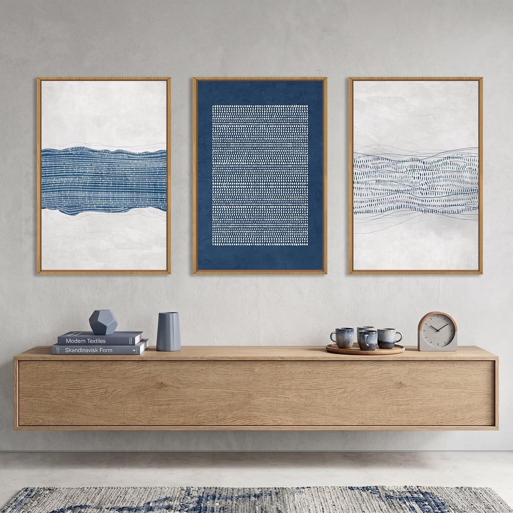 Aryroi Navy Blue and White Abstract Framed Canvas Wall Art Set- 16"x24&q...