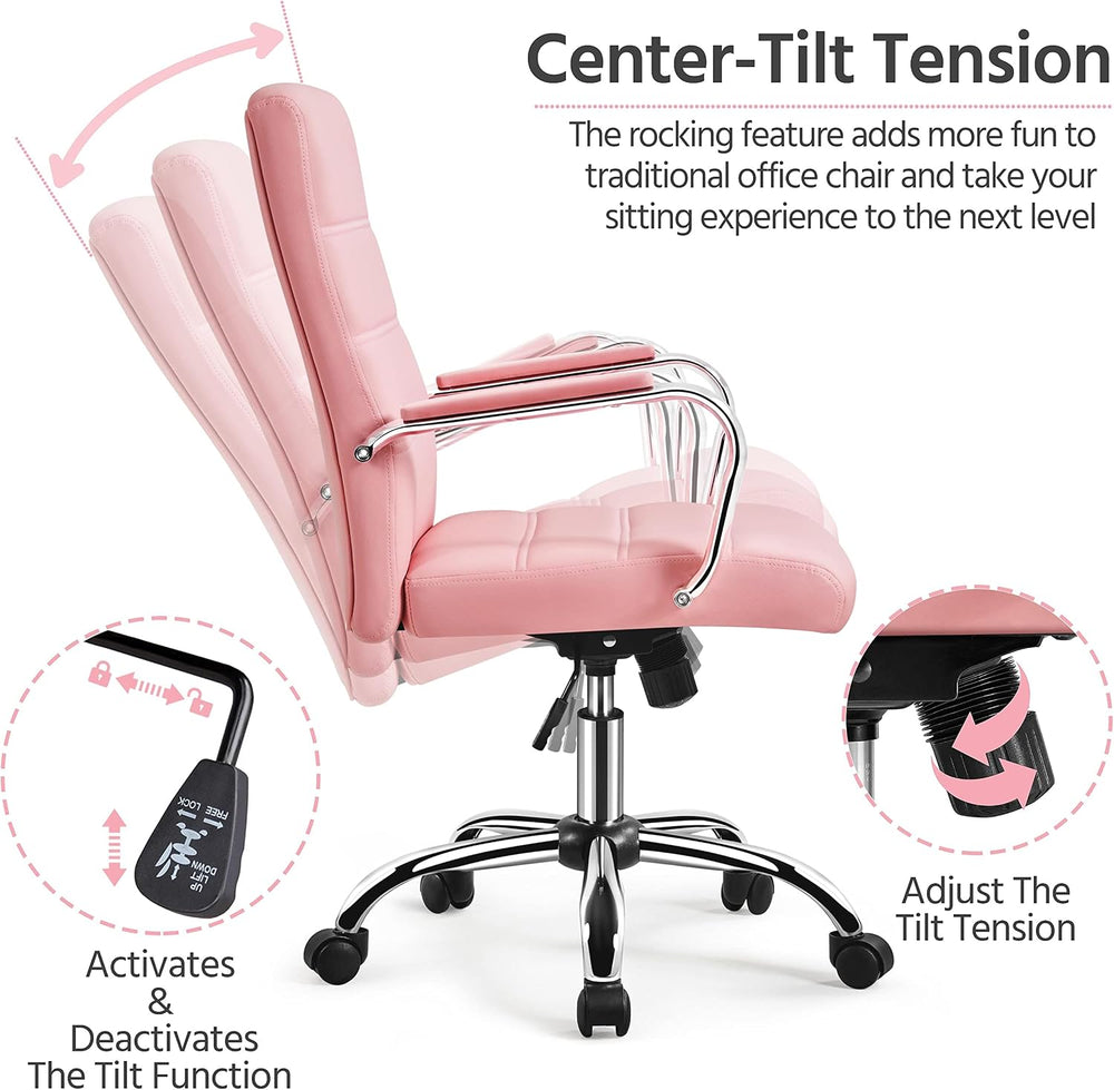 Yaheetech Pink Office Executive Chair PU Leather Swivel Rocking Desk Seat