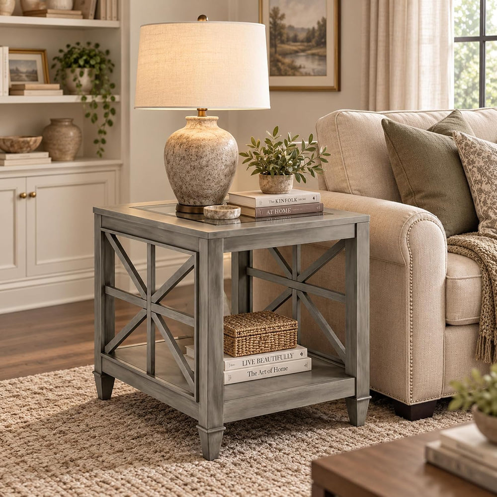 Large Solid Wood End Table with Tempered Glass Top, Antique Gray