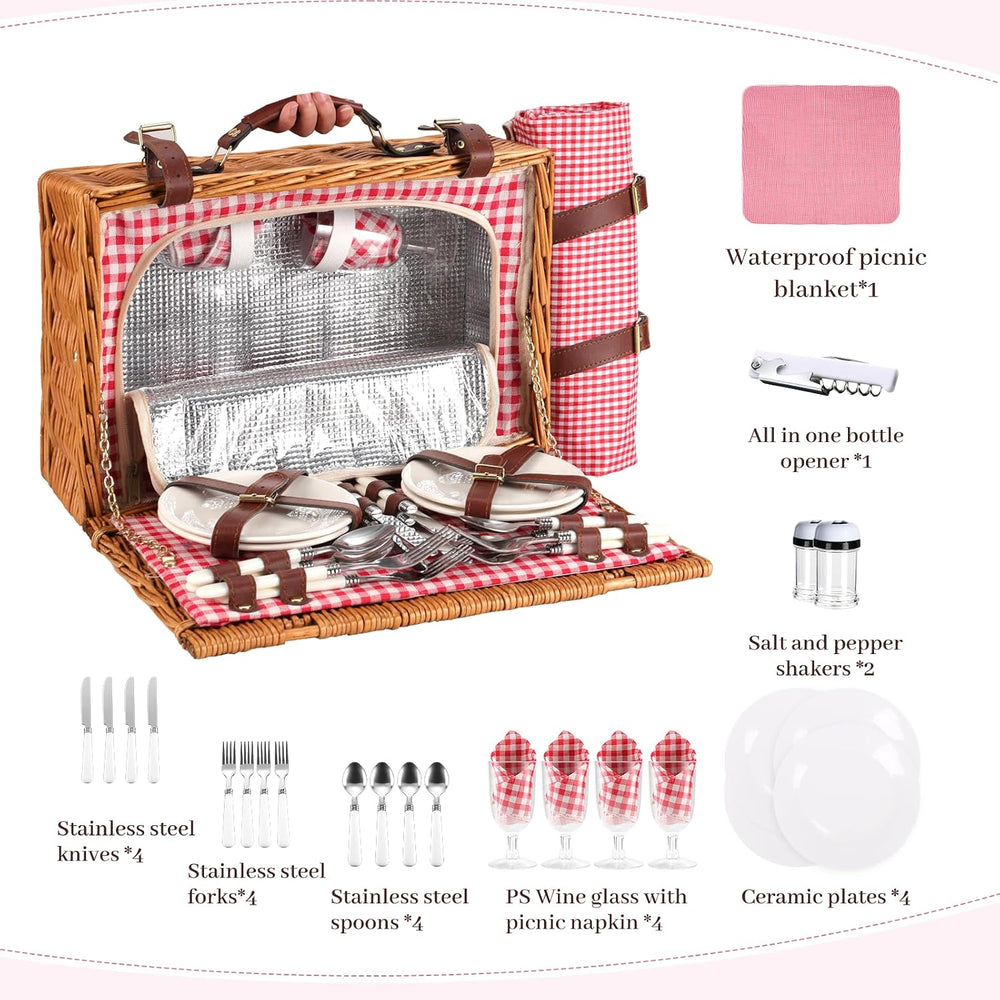 Neti Neti Wicker Picnic Basket for 4, Insulated Set with Blanket