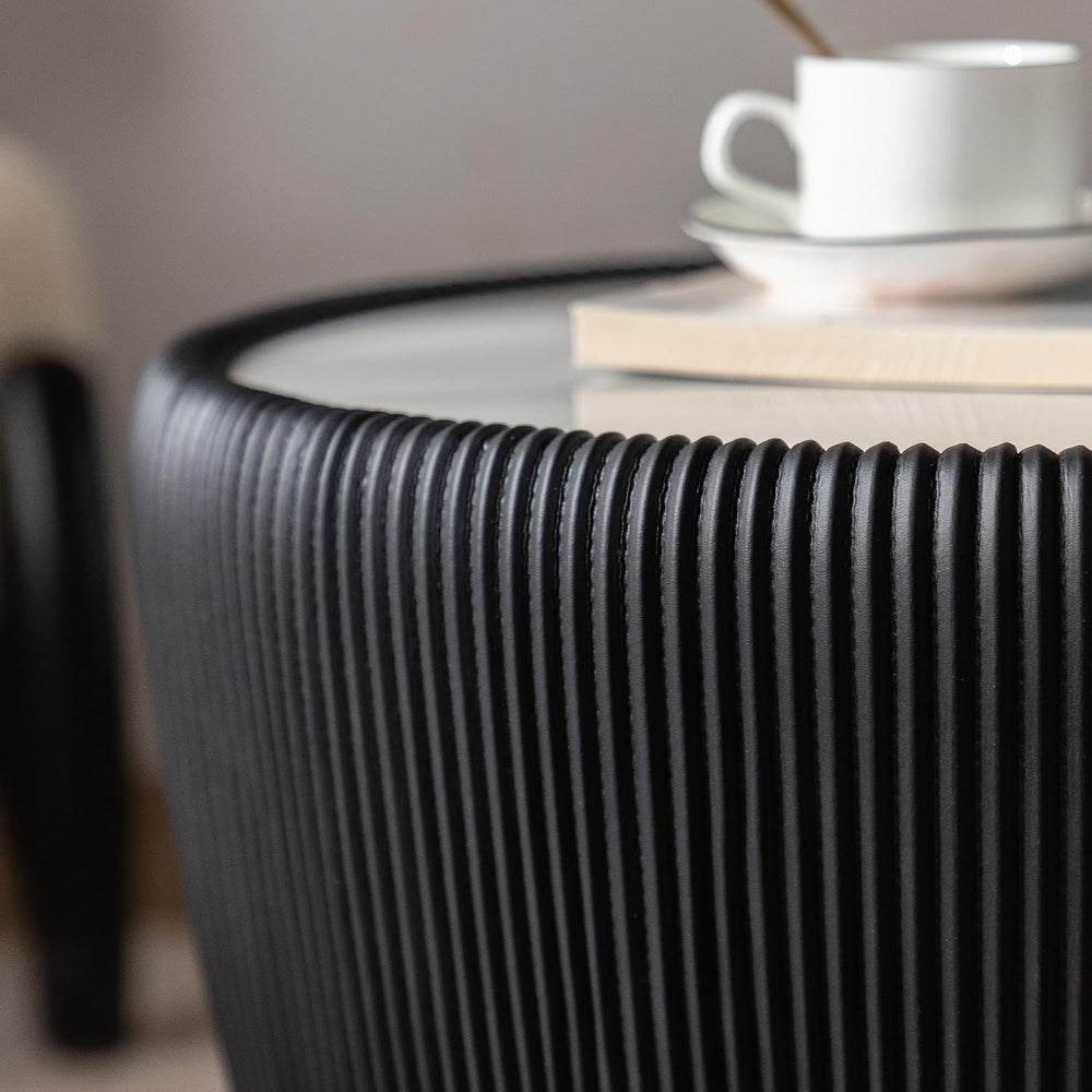 Black Round Coffee Table with Sintered Stone Tabletop, 19.69 Drum Coffee Tabl...
