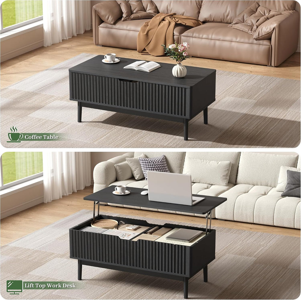 39” Fluted Lift Top Coffee Table with Storage, Black