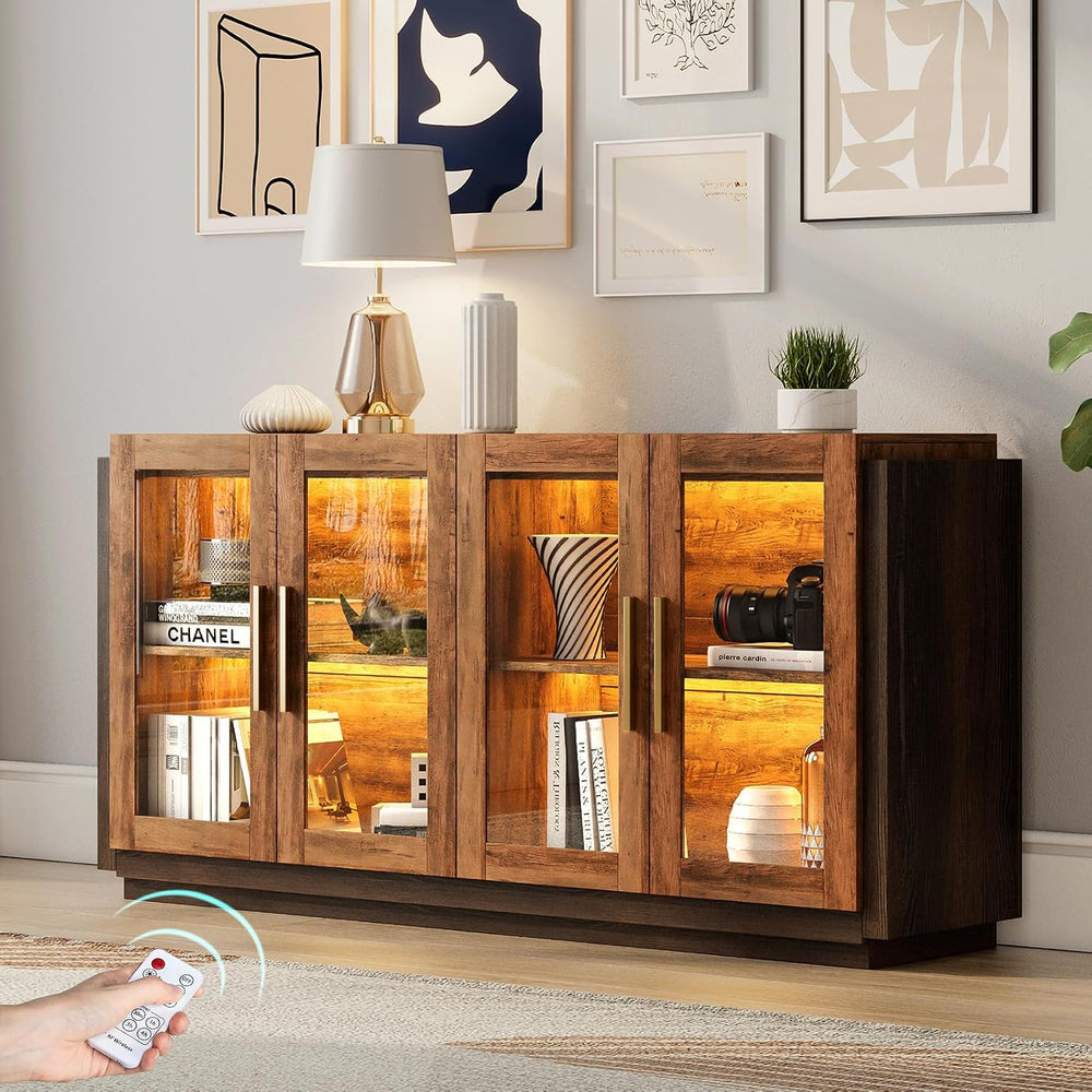 AMERLIFE Modern Sideboard Buffet Cabinet with Storage & Glass Doors, Brown
