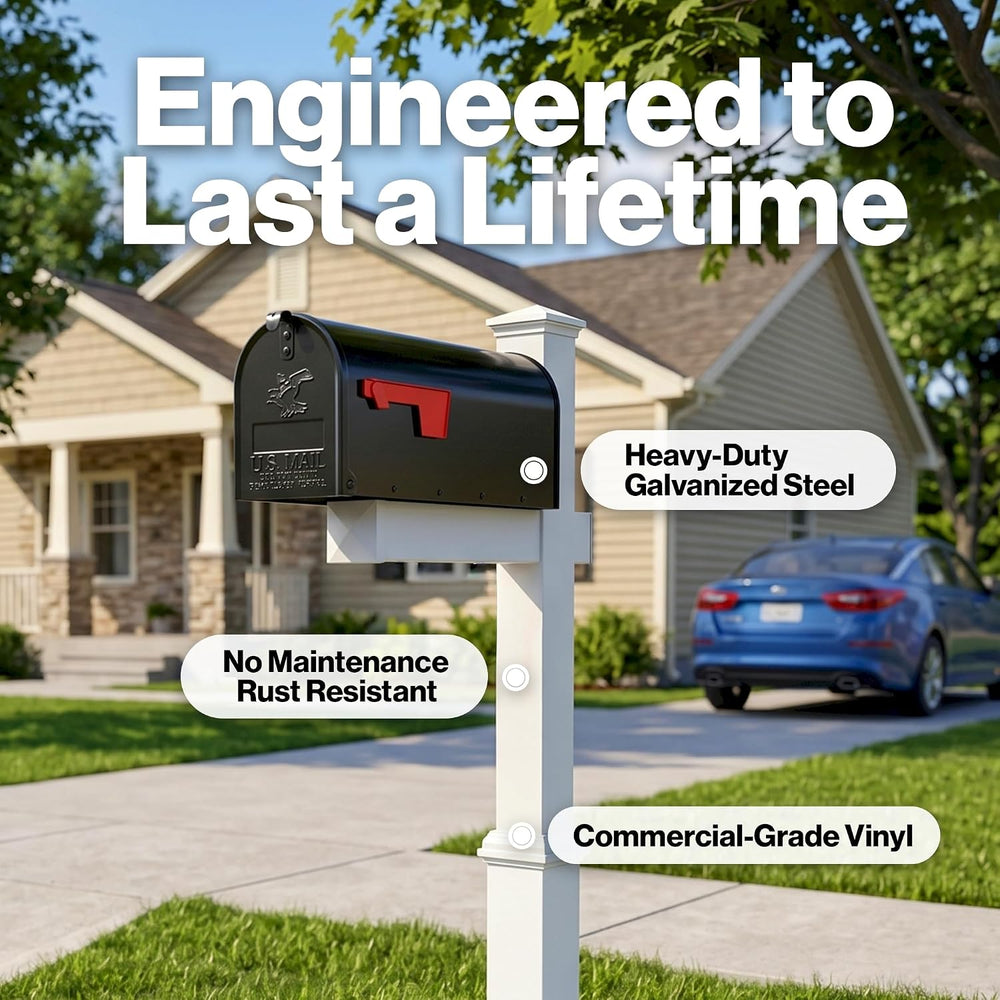 4Ever Products White Vinyl Mailbox Post System with Black Steel Mailbox