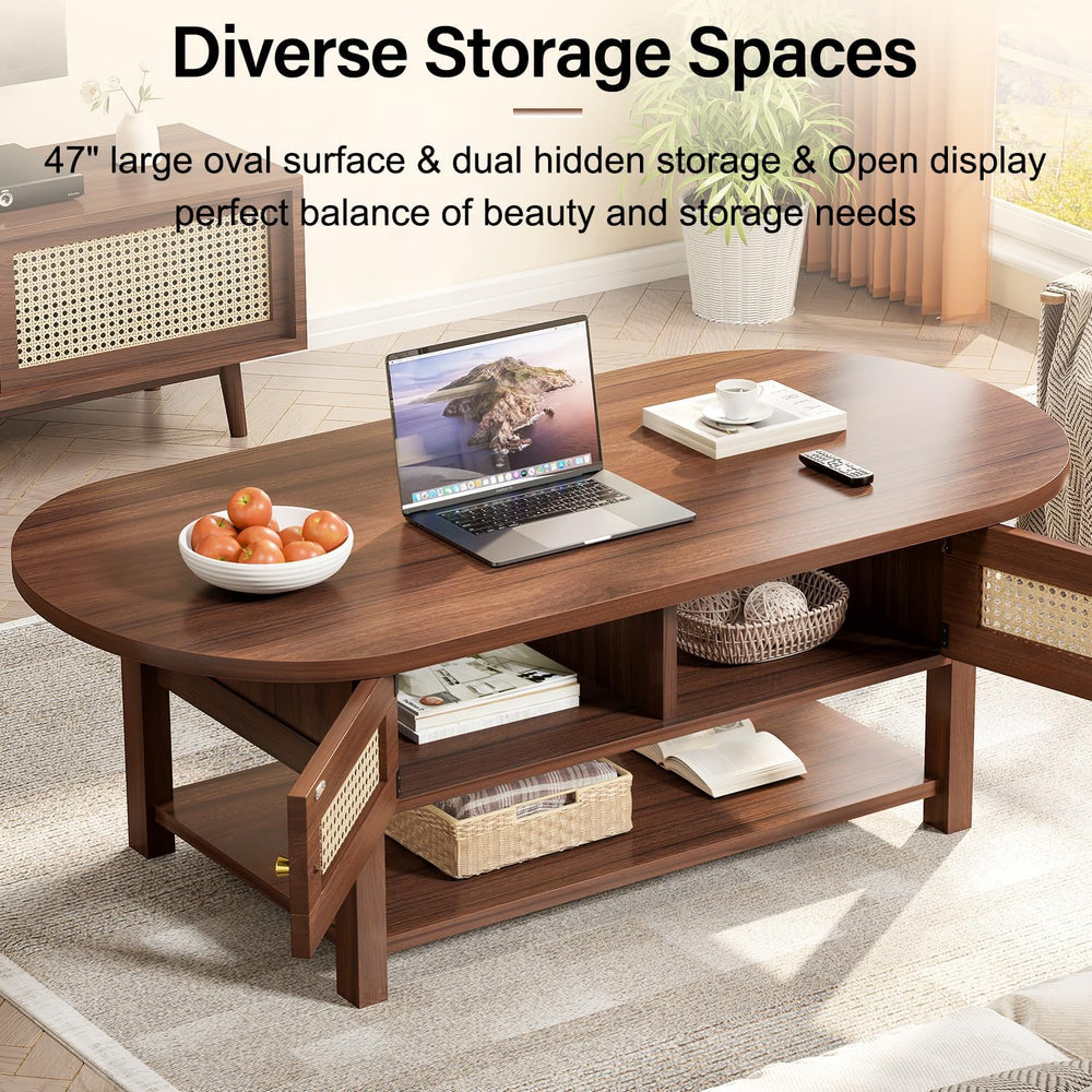 LVB Oval Coffee Table, 47" Rattan Boho Wood Living Room Table with Storage