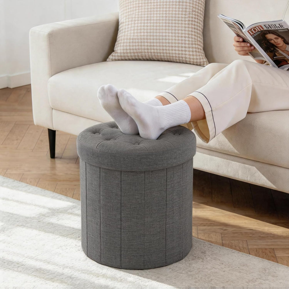 CAROLMADE Round Storage Ottoman, Linen Vanity Stool
