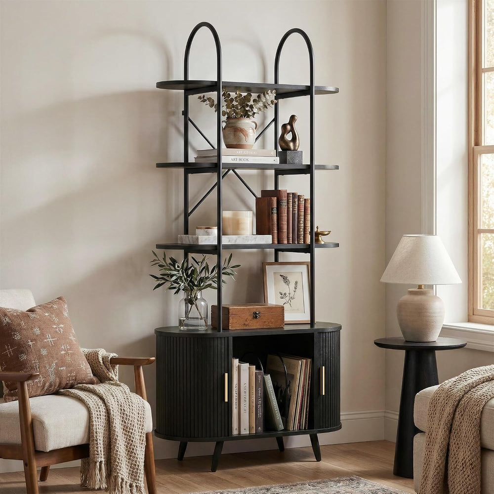 Tall Vinyl Record Player Stand with Sliding Doors, 4 Tier Shelf, Walnut