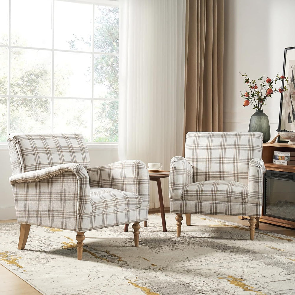 HULALA HOME Farmhouse Accent Chair with Plaid Pattern, Tan