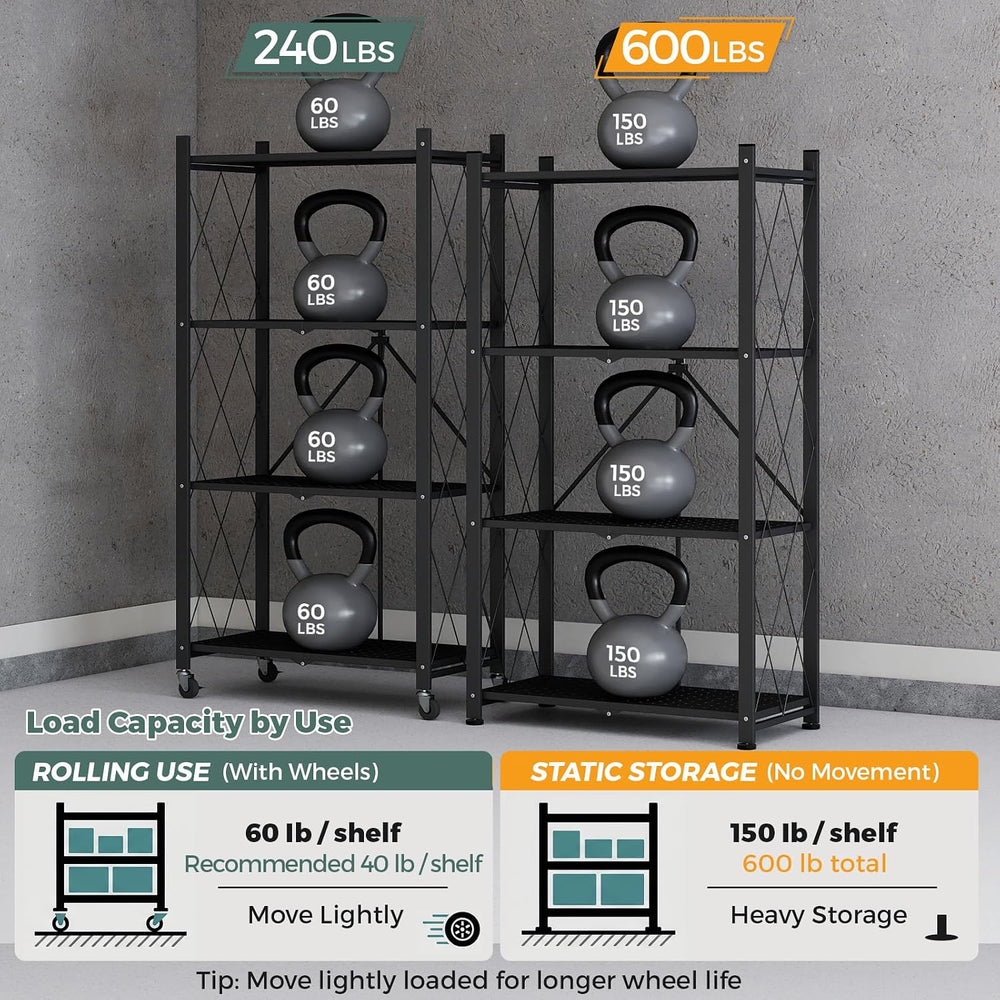 DEANIC 4 Tier Foldable Storage Shelves with Wheels, Large Capacity Shelving U...