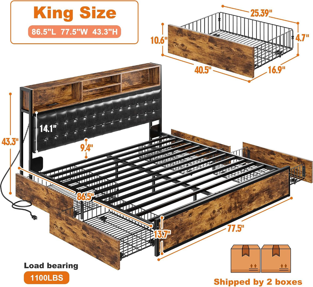 EnHomee King Size Bed Frame with 4 Drawers & Charge Station, Vintage Brown