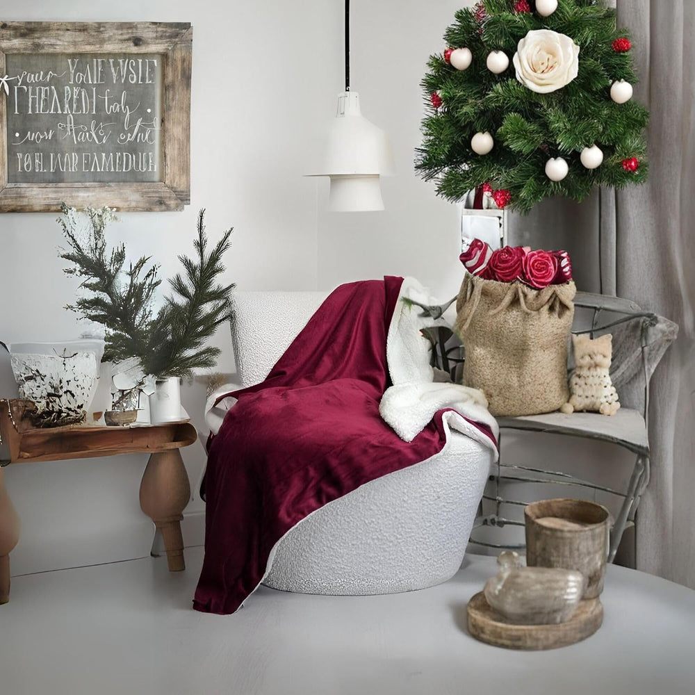 Tache Sherpa Throw Blanket Red 50x60 Inch - Solid Burgundy Wine Red and White...