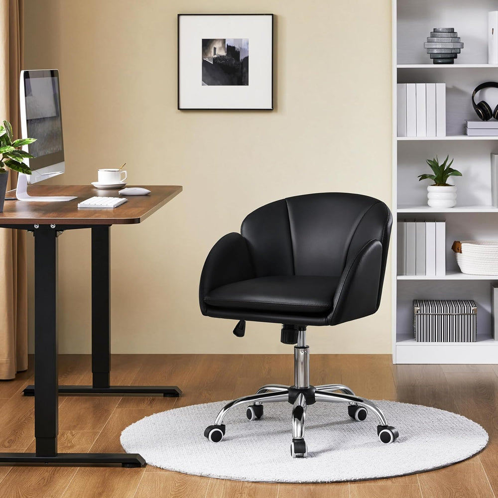 Yaheetech Black Petal Faux Leather Makeup Vanity Desk Chair, Swivel Wheels