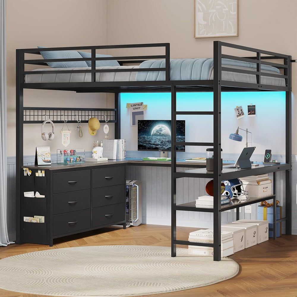 ADORNEVE Loft Bed Full Size with U-Shaped Desk, 6 Storage Drawers, Grey