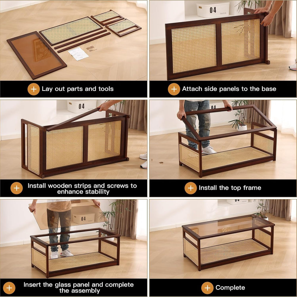 Welnow Rattan Coffee Table, 2-Tier Mid Century Modern Coffee Table, Walnut