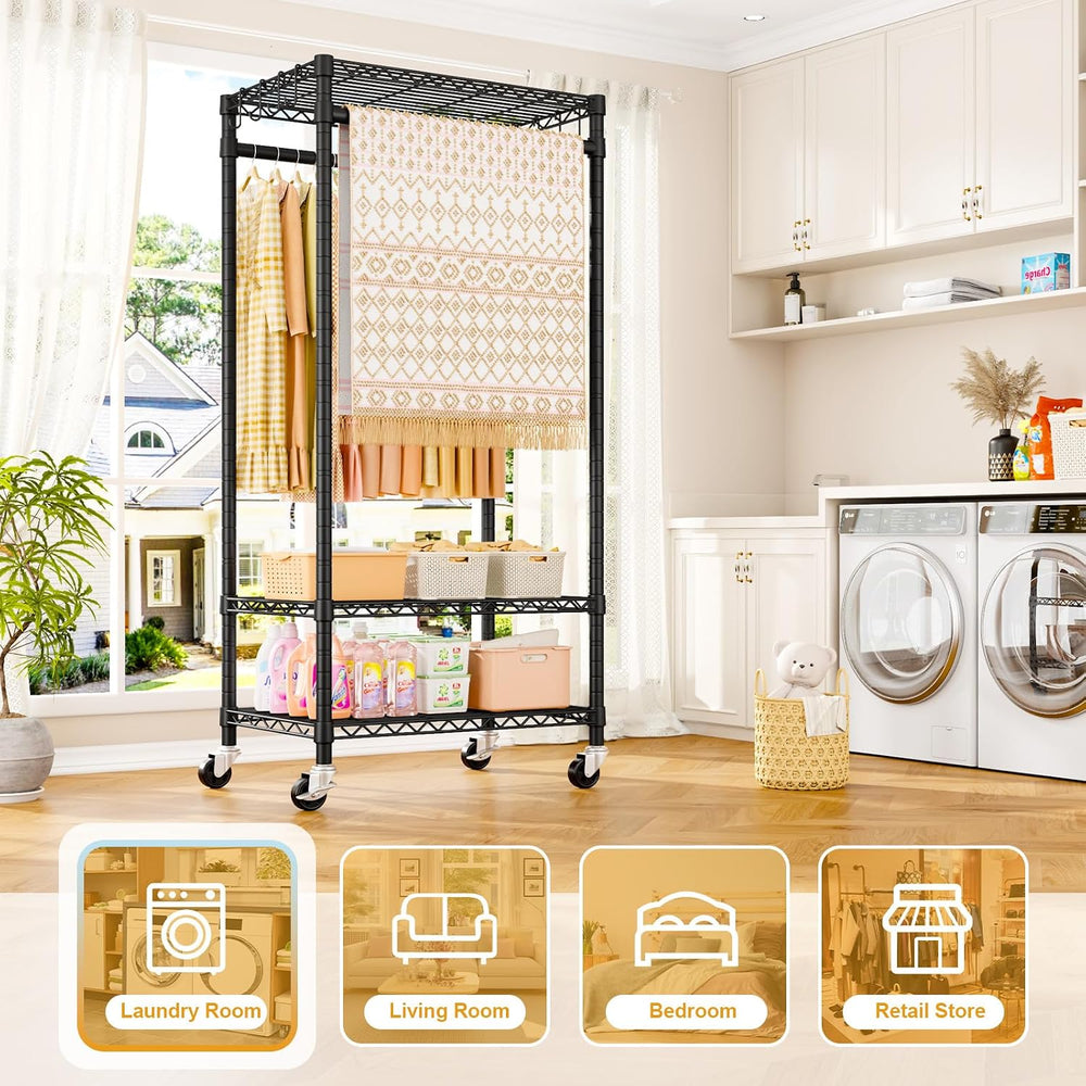 ULIFHOME Clothes Rack, Rolling Clothing Racks for Hanging Clothes, Black