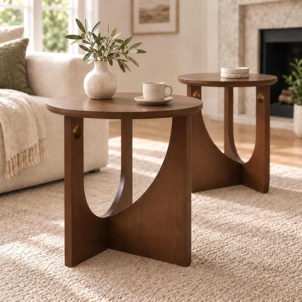 Round Side Tables, Set of 2, 19.7" Solid Wood End Tables, Walnut
