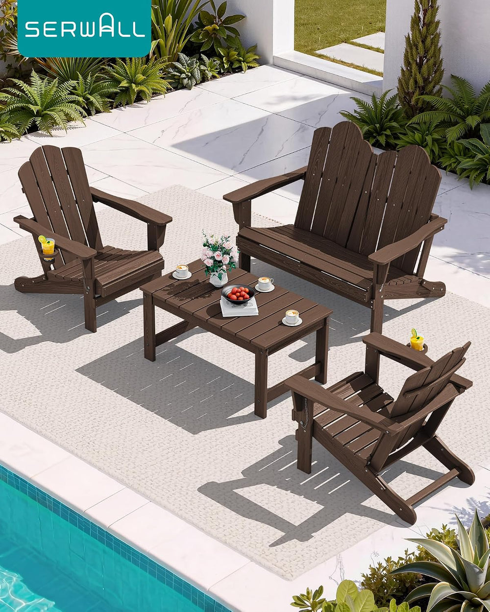 SERWALL HDPE Outdoor Coffee Table with Umbrella Hole, Coffee
