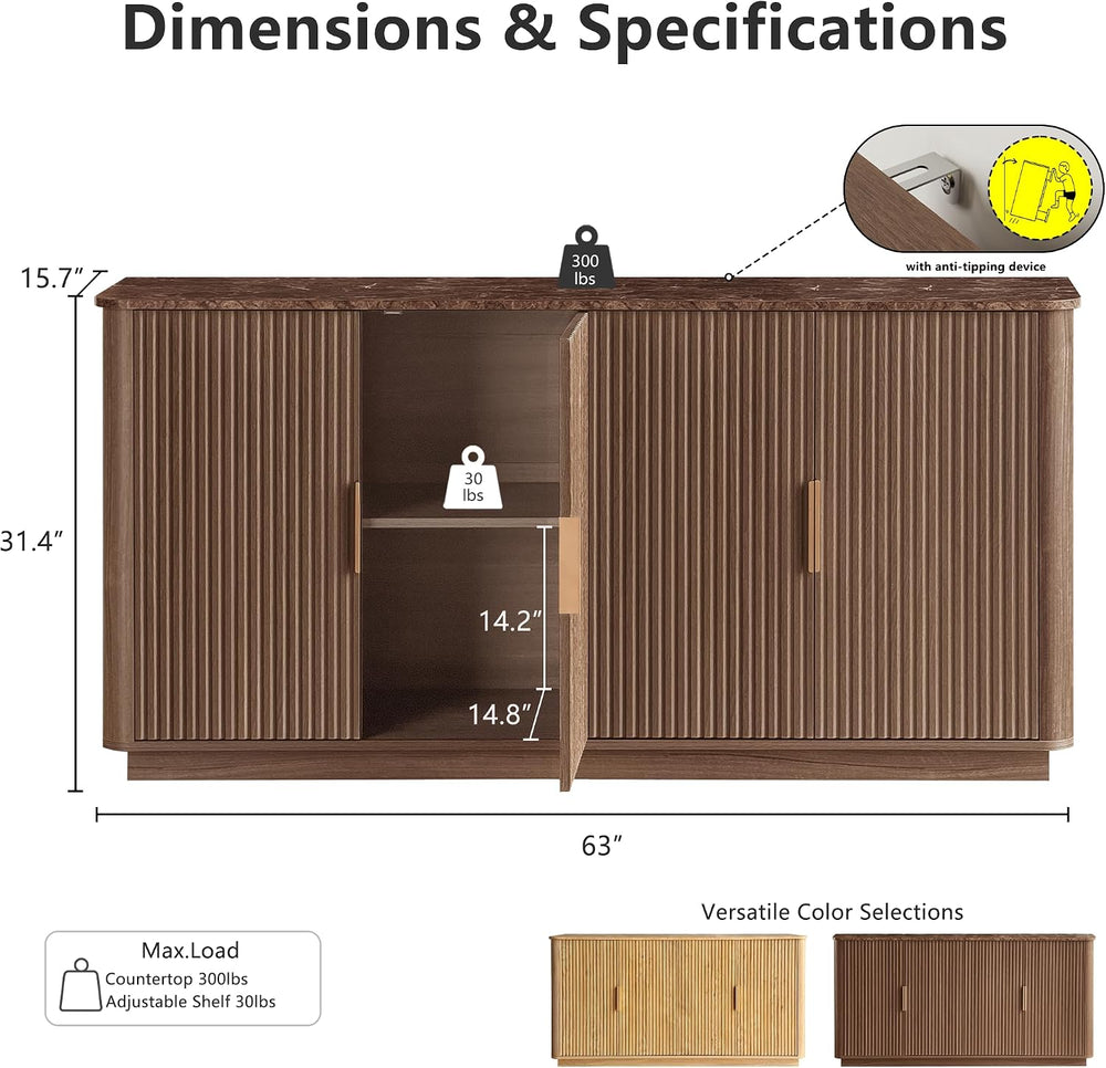 win2win 63" Fluted Sideboard Buffet Cabinet with Storage