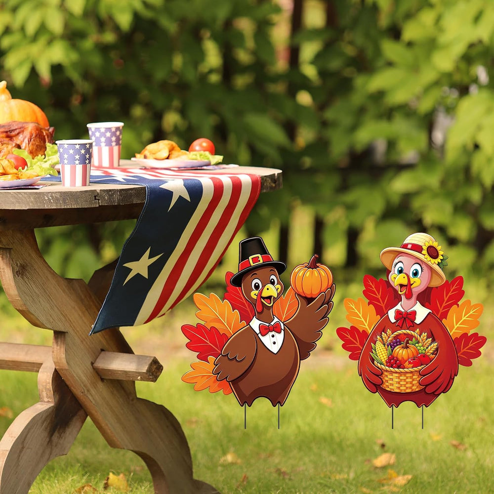 2 Pack Thansgiving Turkey Garden Stakes Metal Turkey Pumpkin Fall Yard Sign