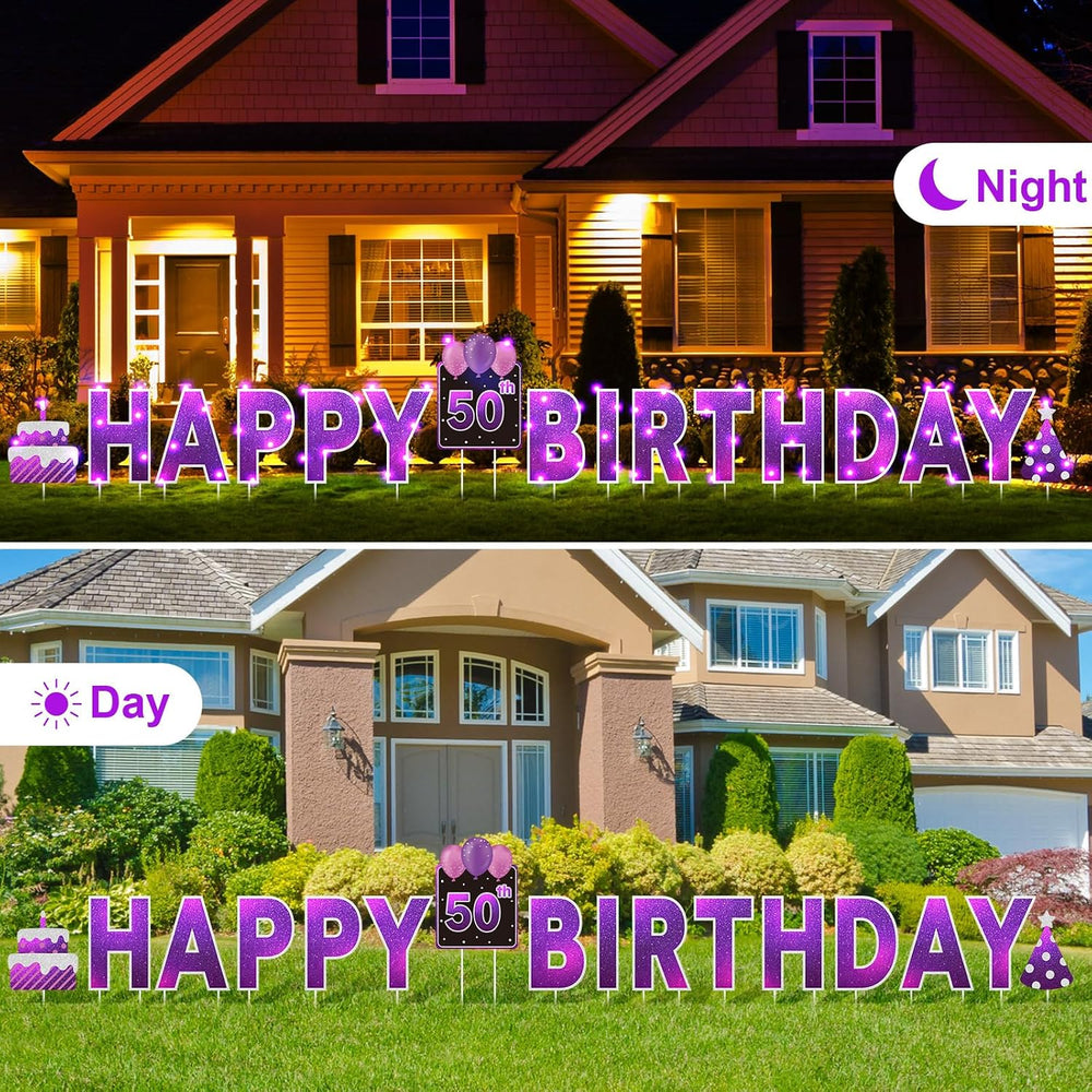 Yerliker 16 Pcs Purple Happy Birthday Yard Signs with Stakes, 32.8 ft LED Lig...