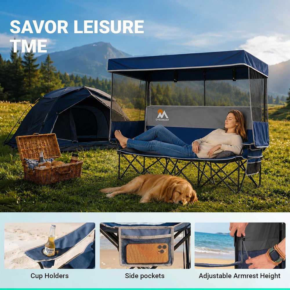 Overmont Camping Chair with Canopy- Folding Double Loveseat Chair with Adjust...