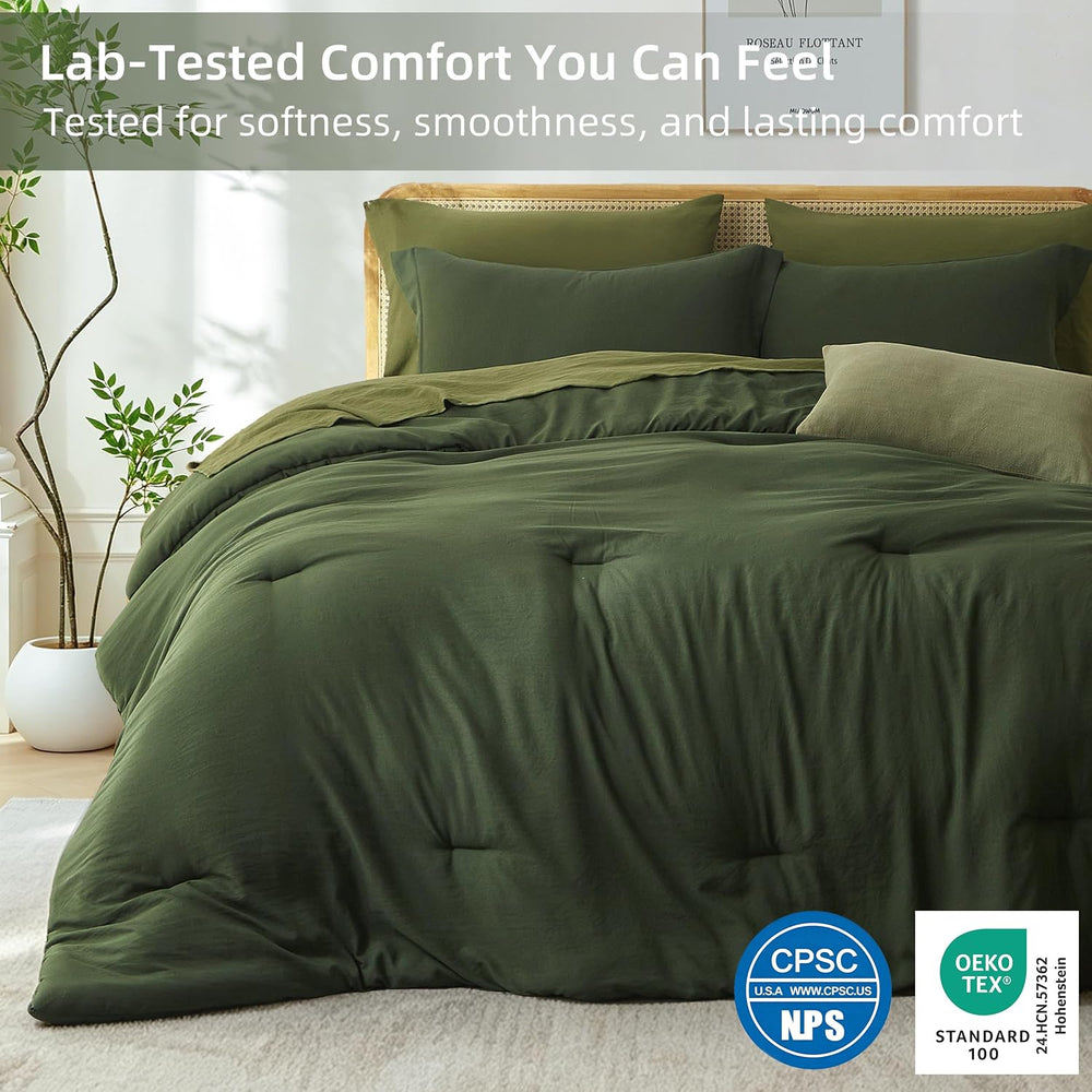 Prewashed King Size Comforter Set 7 Pieces, Dark Green Bed Set