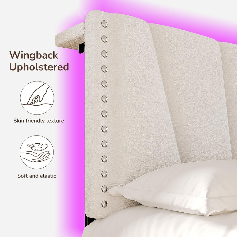 EnHomee Queen Bed Frame with LED Lights & USB, Noise-Free, Beige