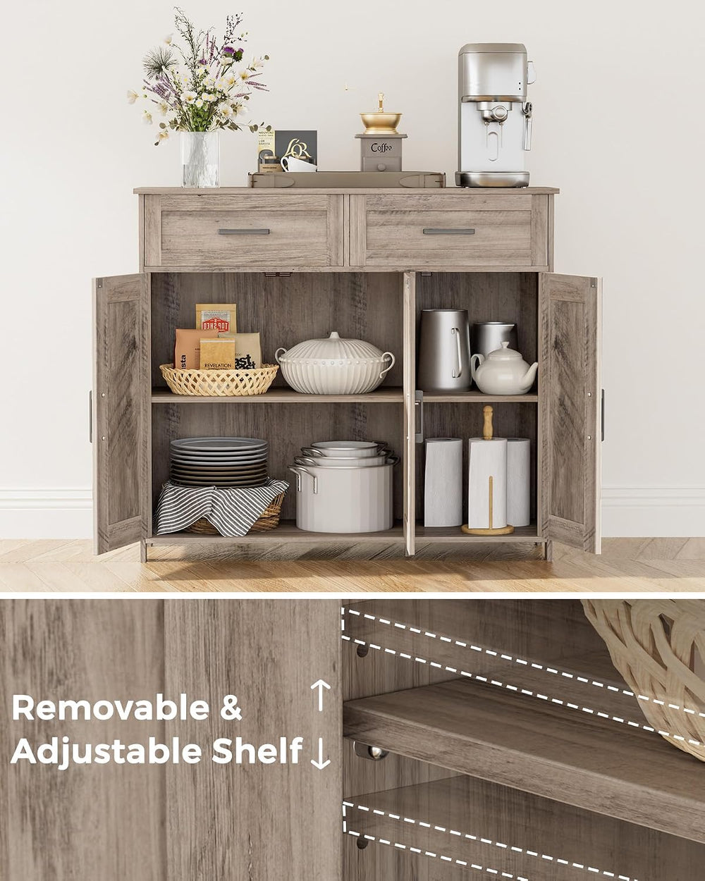 Homhedy Coffee Bar Storage Cabinet with Drawers, Kitchen Buffet Cabinet