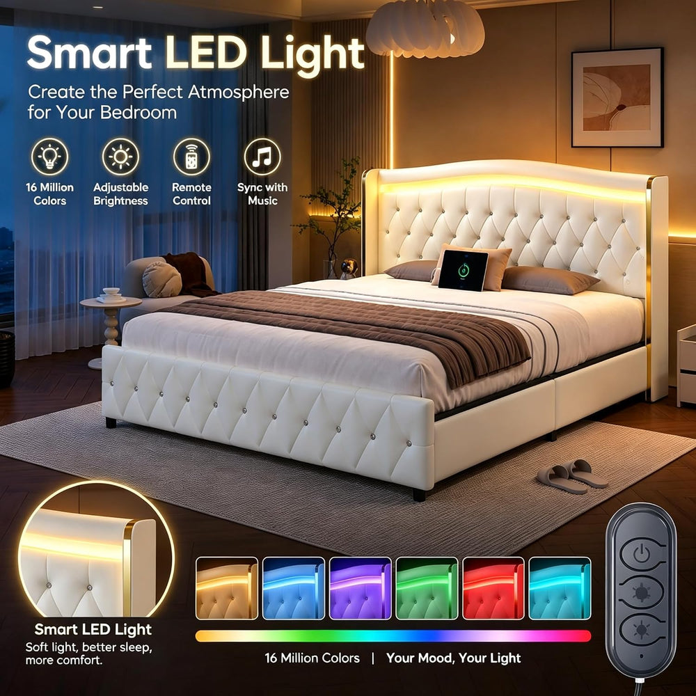 Queen Size Bed Frame, Headboard, 4 Storage Drawers, LED Lights, White