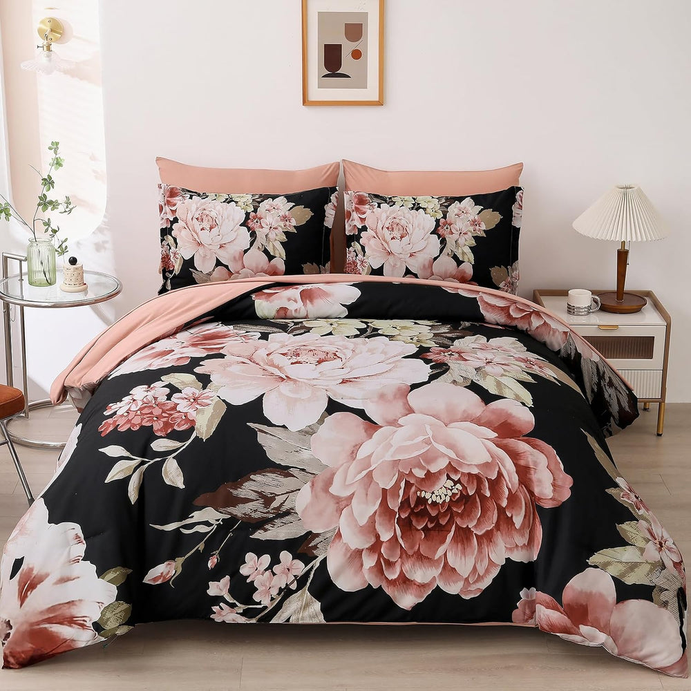 Floral Comforter Set California King Size, Black Pink Bed in a Bag