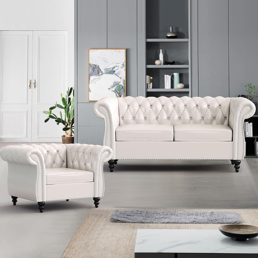2 Piece Living Room Furniture Set, Faux Leather Loveseat and Chair Set, Mid C...