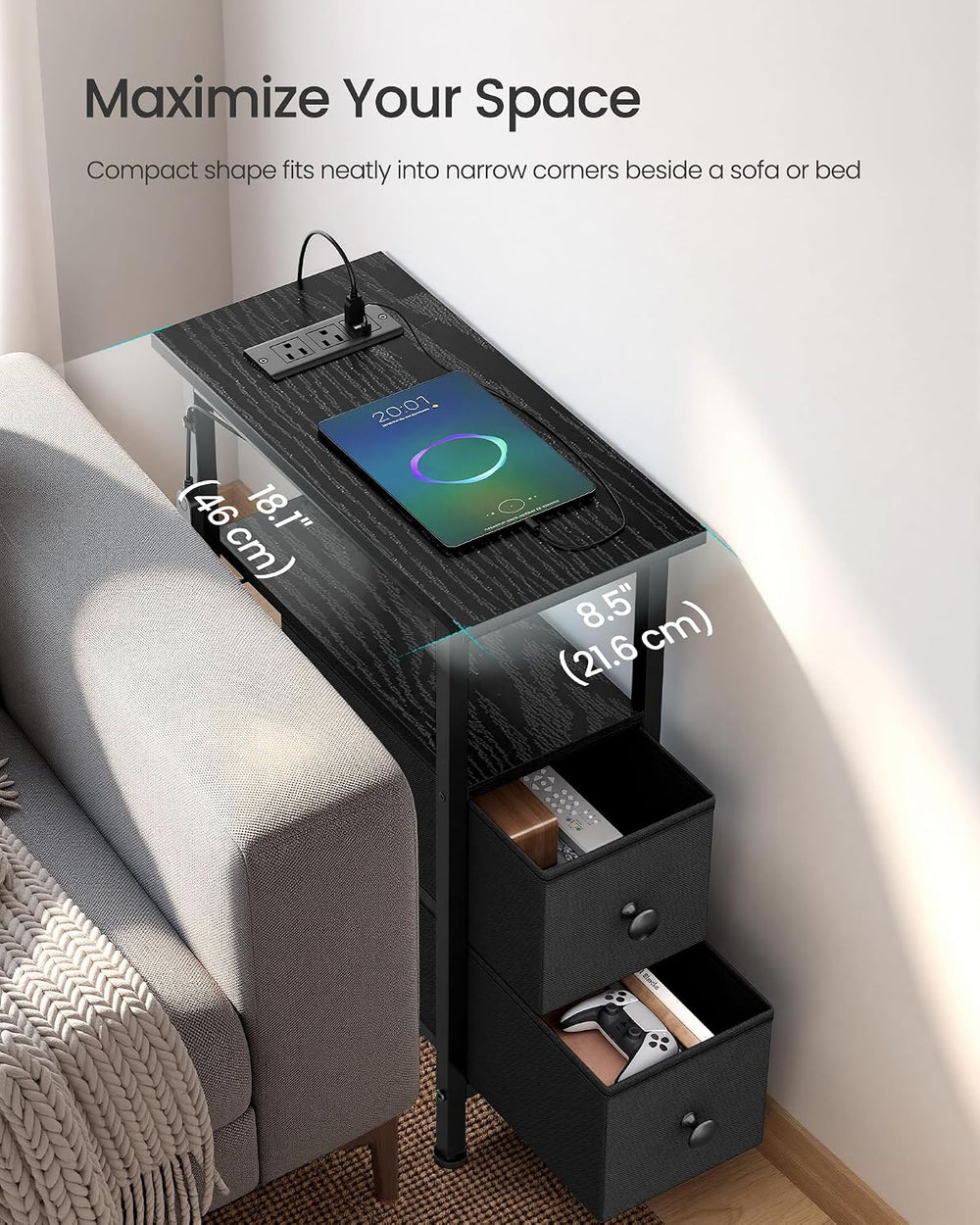 SONGMICS Side Table with LED Light, Narrow End Table with 2 Fabric Drawers