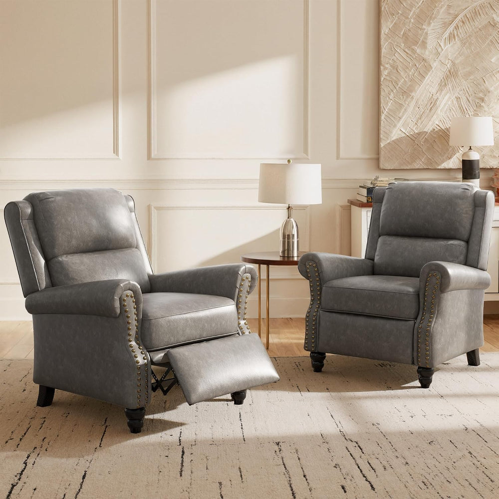 Pushback Recliner Chair, Modern Faux Leather Wingback Recliner, Gray