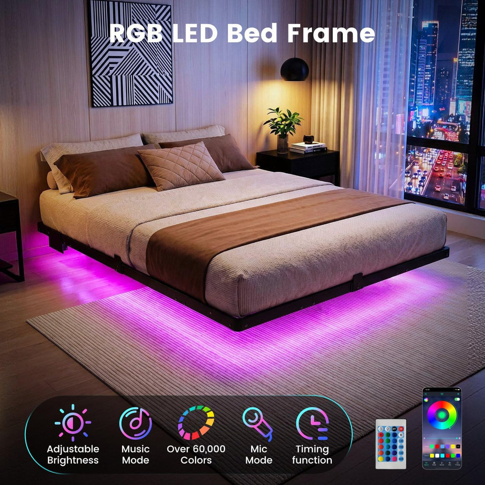 Liians Queen Floating Bed Frame with Smart LED Lights, USB Charging Station