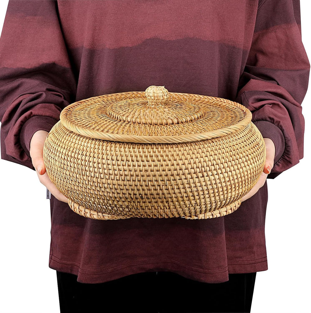 Hipiwe Round Rattan Boxes with Lid, X-Large Woven Wicker Bread Basket Bin