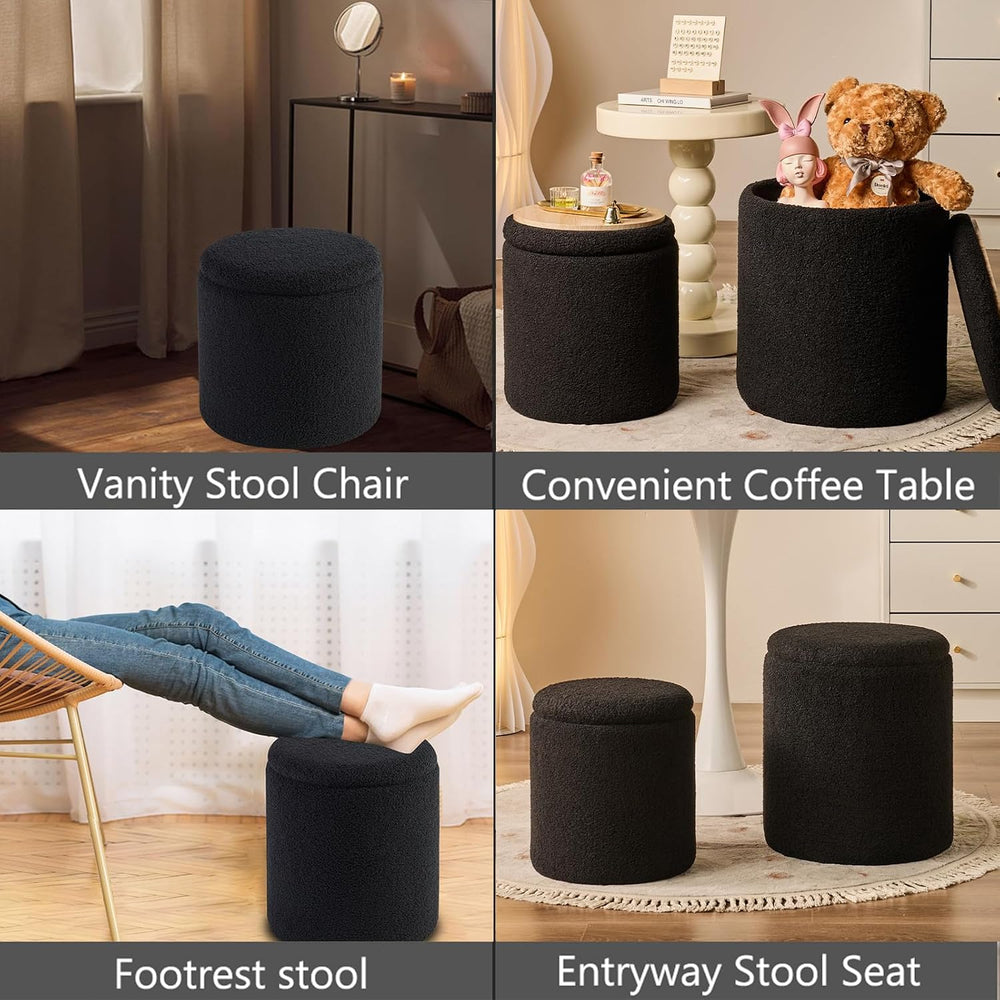 BLEXA Set of 2 Round Storage Ottoman, Black Boucle Ottoman with Storage